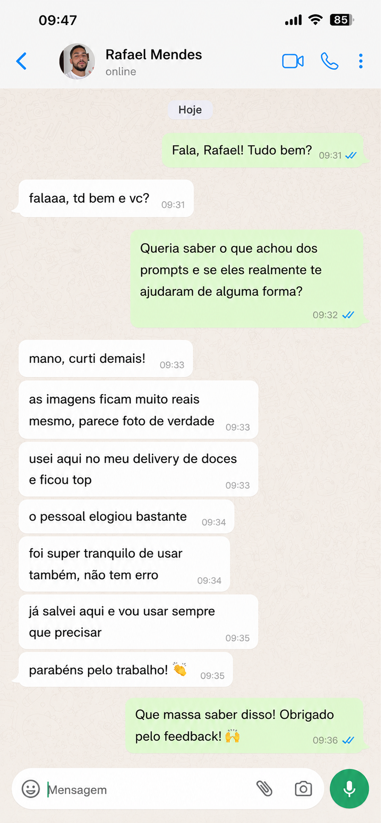 Print de conversa no WhatsApp com feedback de cliente sobre o Prompts Insano